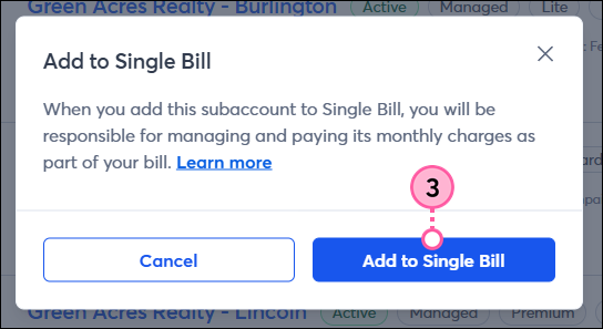 Confirmation window Add to Single Bill button