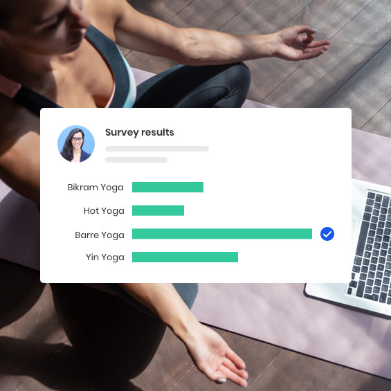 Survey results graphic with person practicing yoga in background.