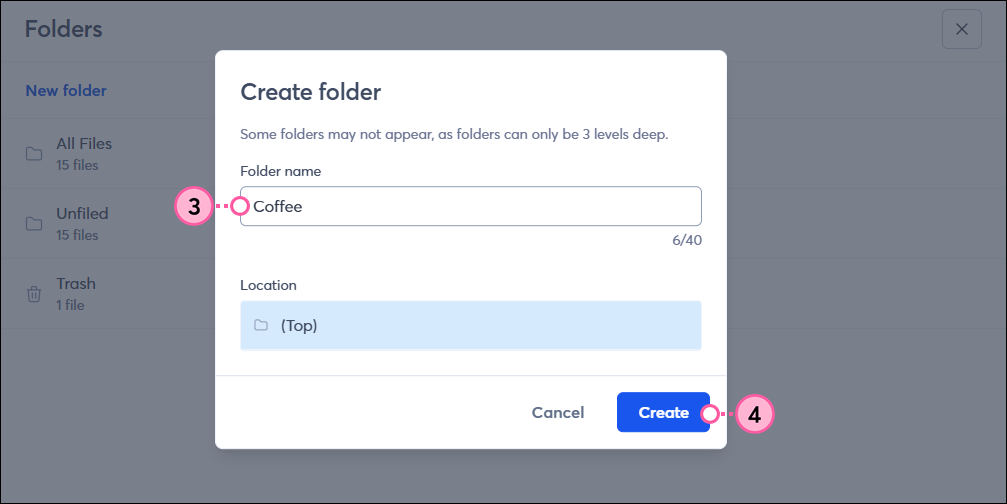 Create Folder pop-up with Folder Name field and Create button