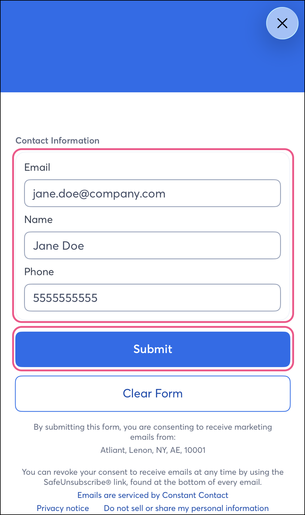 Contact information fields above blue Submit button