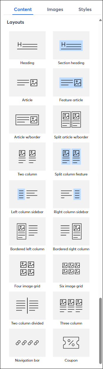 Content tab selected and Layouts section with all available pre-built layouts
