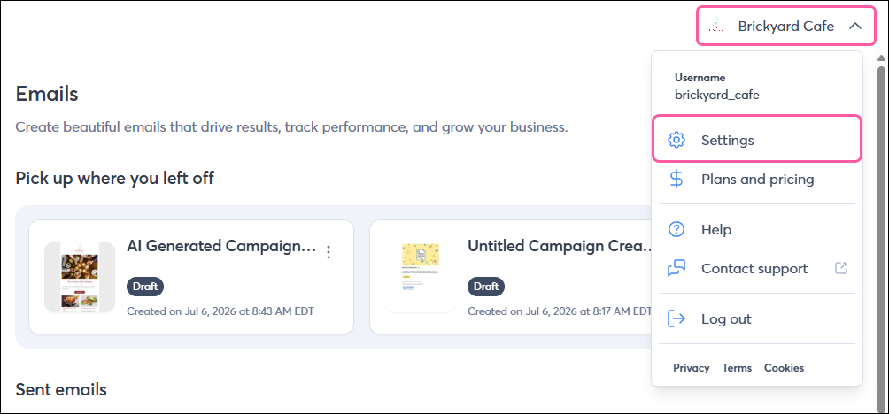 Profile name drop-down with Settings option selected