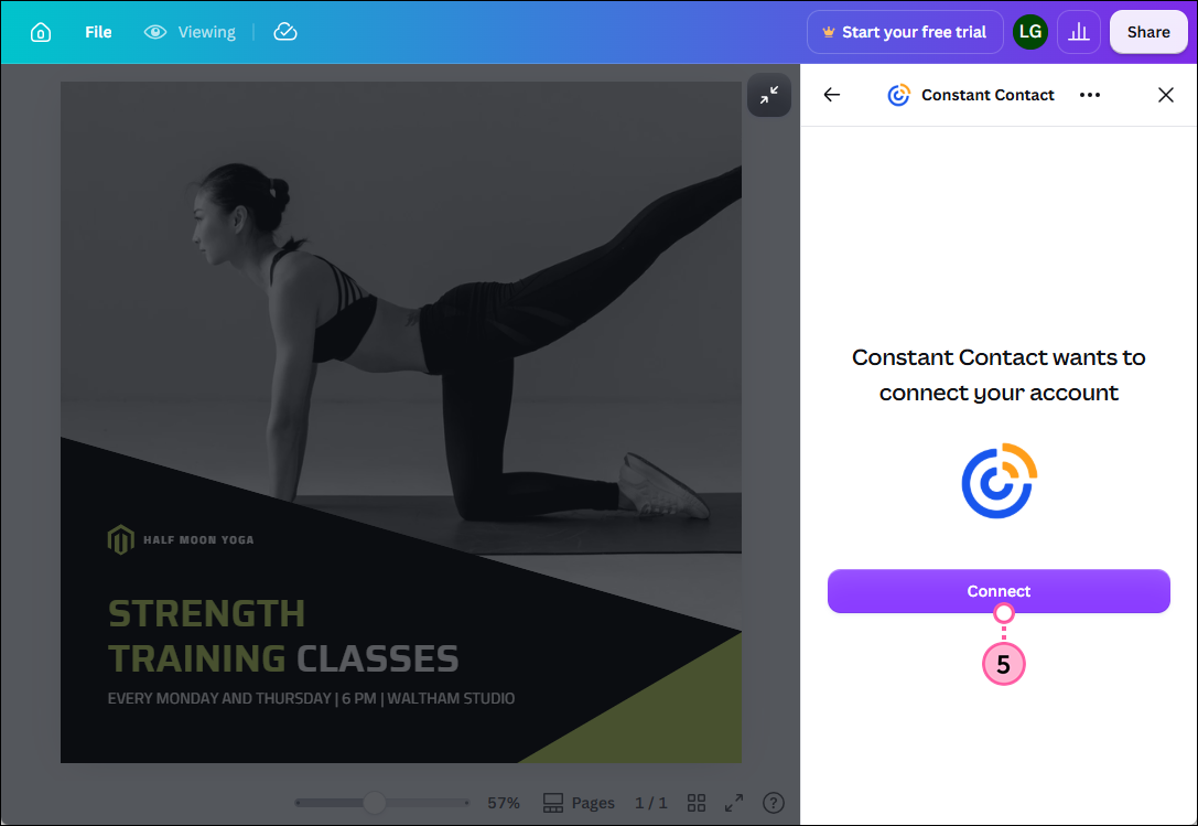 Canva design Share drop-down, Constant Contact app, and Connect button