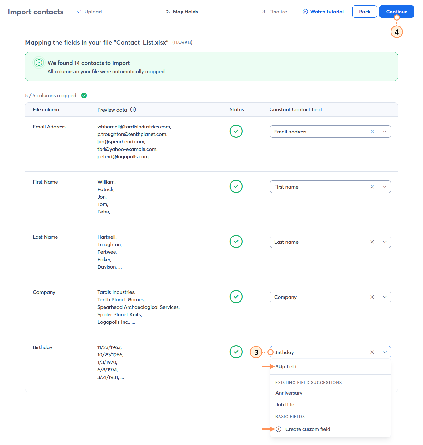 Import contacts page and Map fields table with File column, Preview data, Status, and Constant Contact field options with menu expanded and Skip field and Create custom field options displayed
