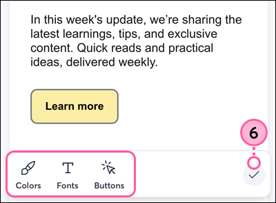 Email editor on mobile web browser, Colors, Fonts, and Buttons options in bottom menu, and check mark