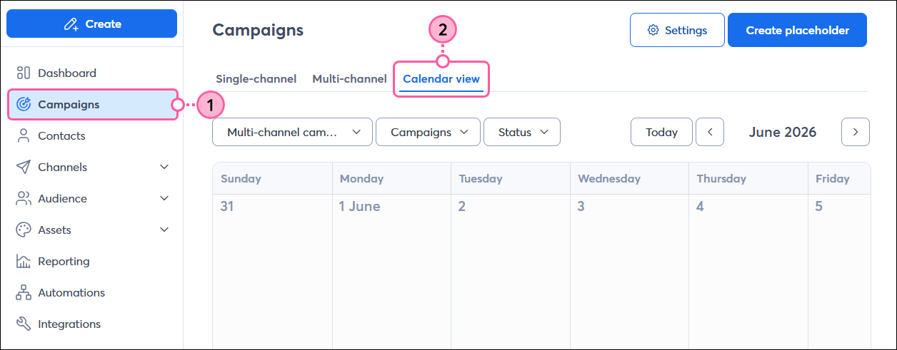 Left navigation with Campaigns tab selected and Campaigns page with Calendar View tab