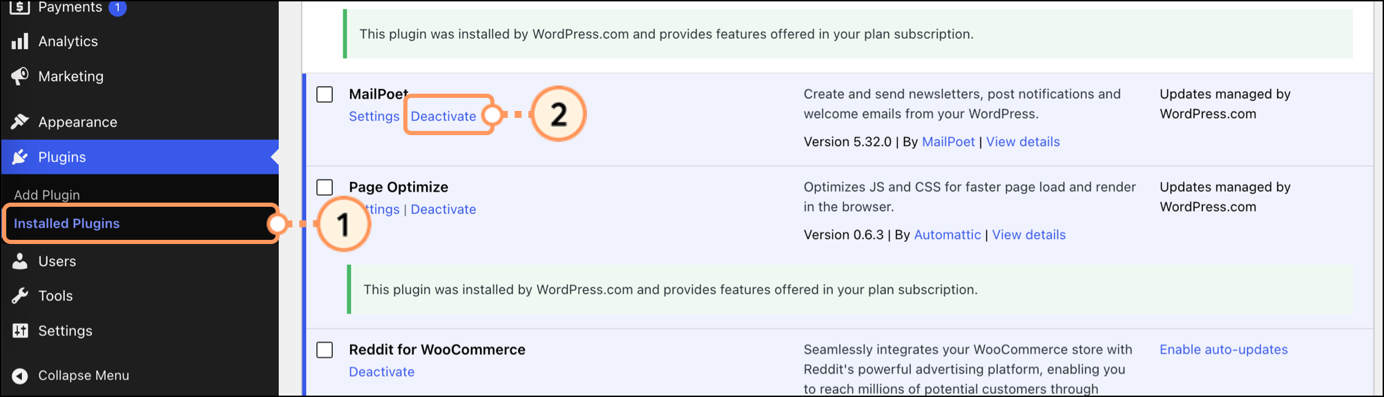 Deactivate button on an installed plugin