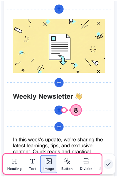 Email editor on mobile web browser, element options in bottom menu, and plus symbols to insert in template