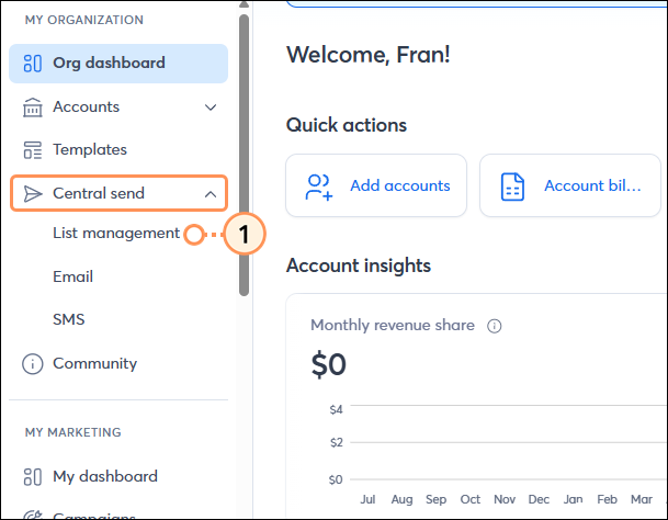 Partner Account Central Send Menu List Management Option