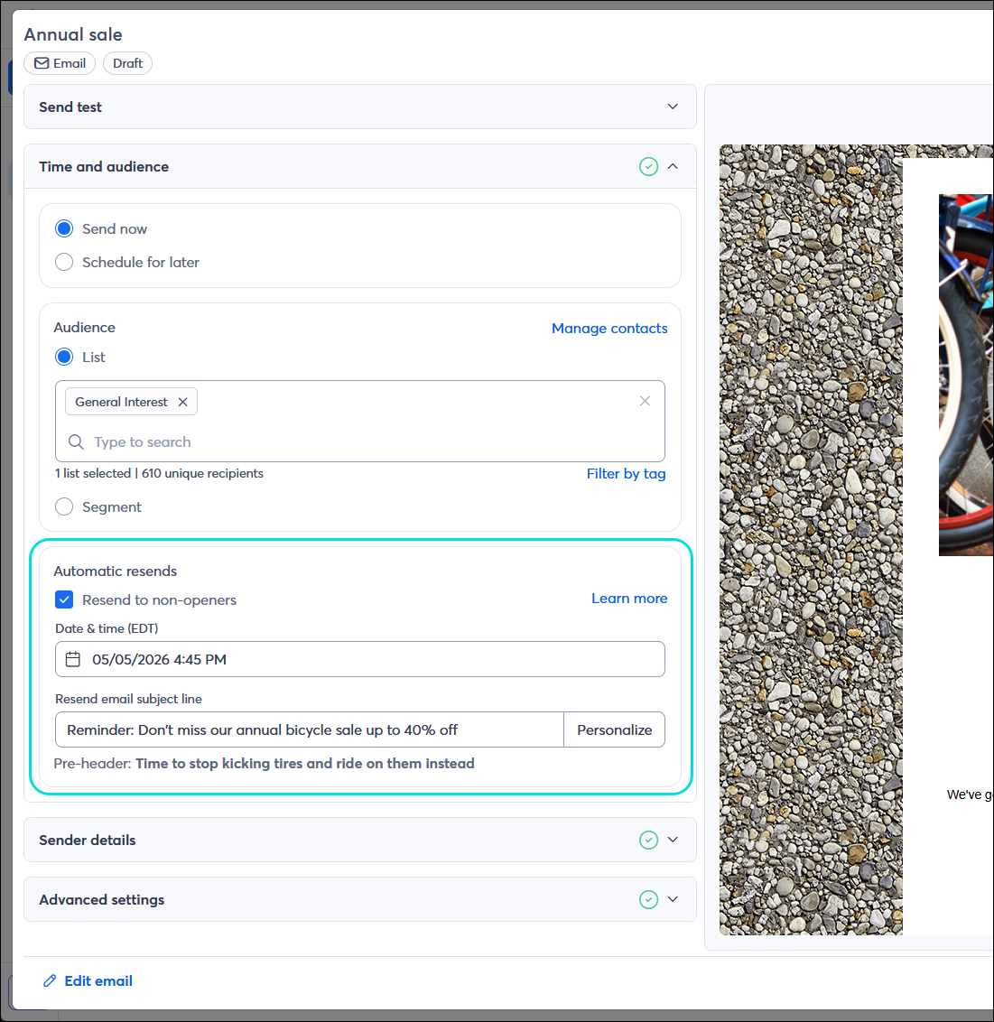 Email schedule page with Resend to non-openers option selected and different subject line