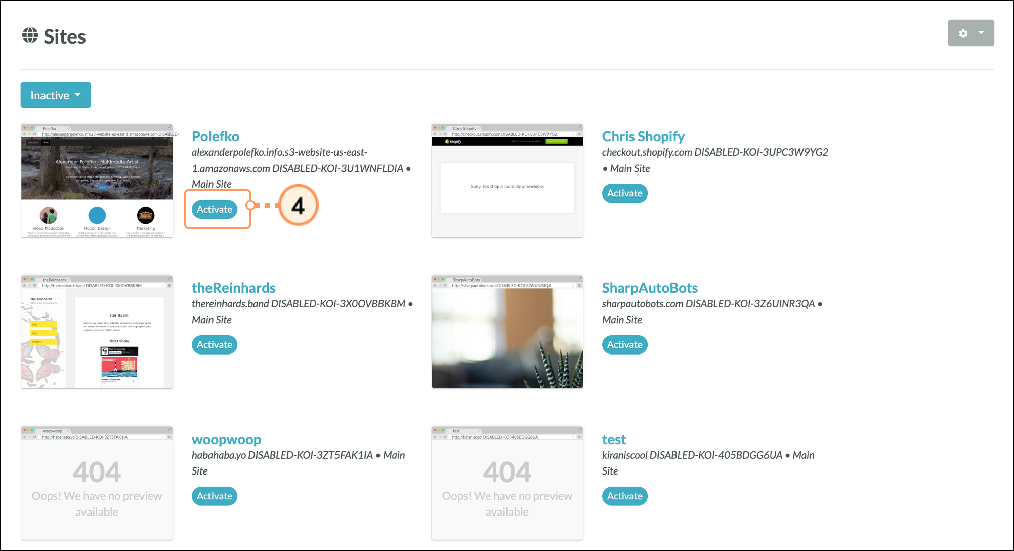 Blue Activate button in the Sites section