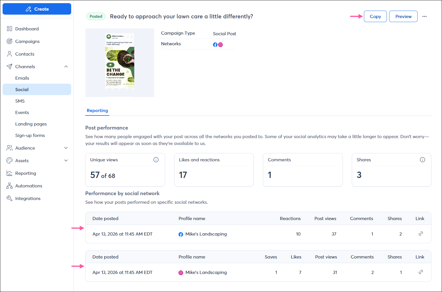 Constant Contact Social post details page with Reporting tab and results for post on Facebook and Instagram, and Copy button