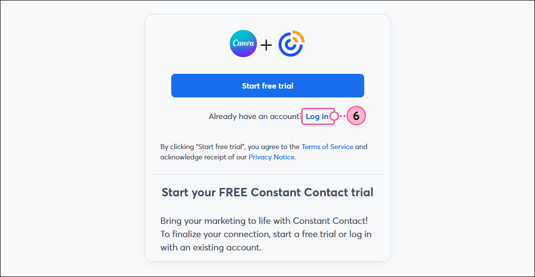Canva and Constant Contact Start Free Trial button or Log in link