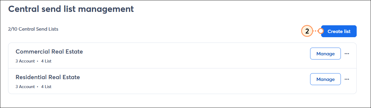 Central send list management page with Create list button