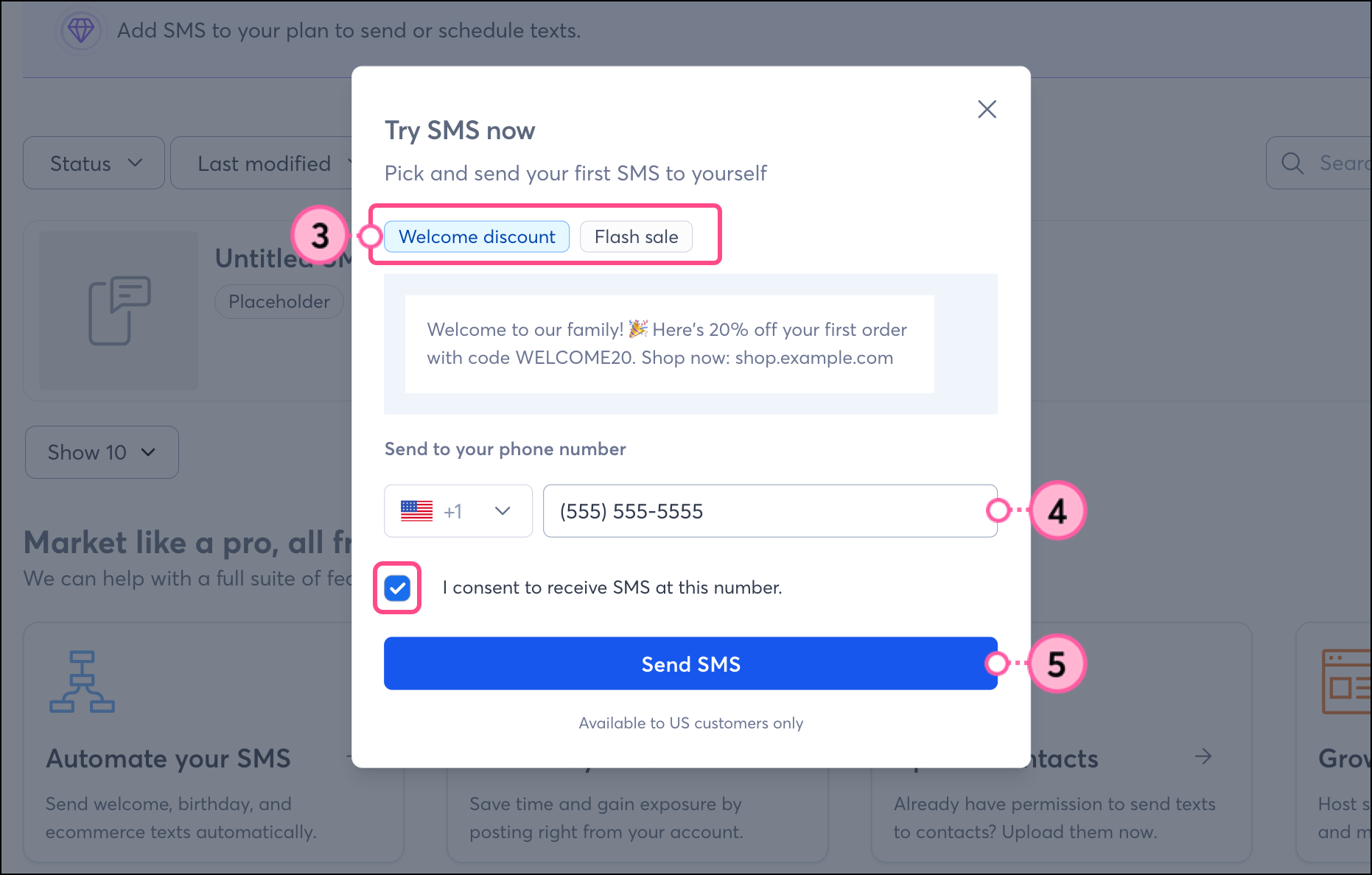 Try SMS now pop-up with sms message examples, a phone number field, consent box and blue Send SMS button at the bottom