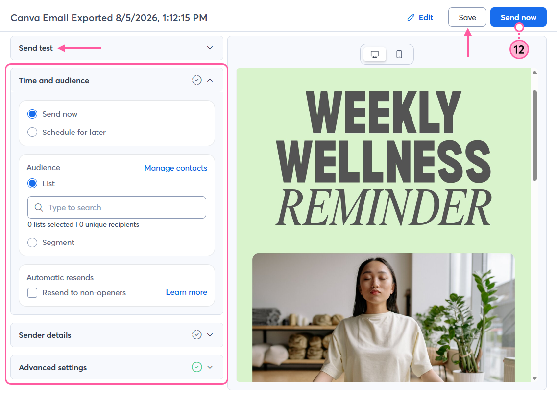 Email schedule page with Send Now button