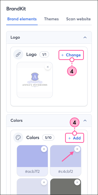 BrandKit elements added, Change and Add links, and X to remove color