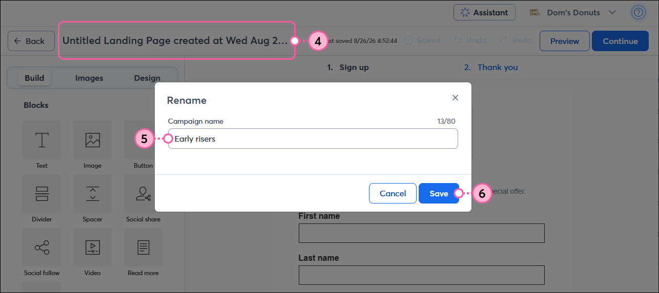 Landing page editor with name field and Rename overlay with Campaign name field and Save button
