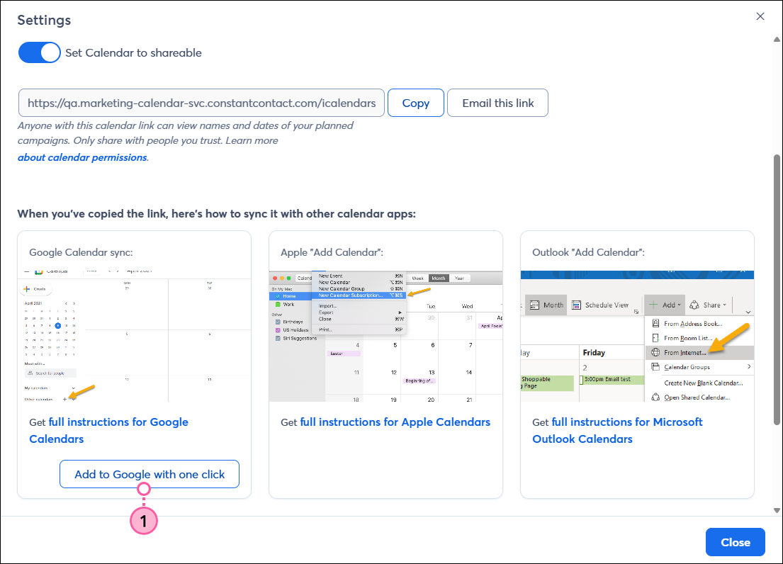 Calendar Settings overlay, Google Calendar sync section with Add to Google with one click Button