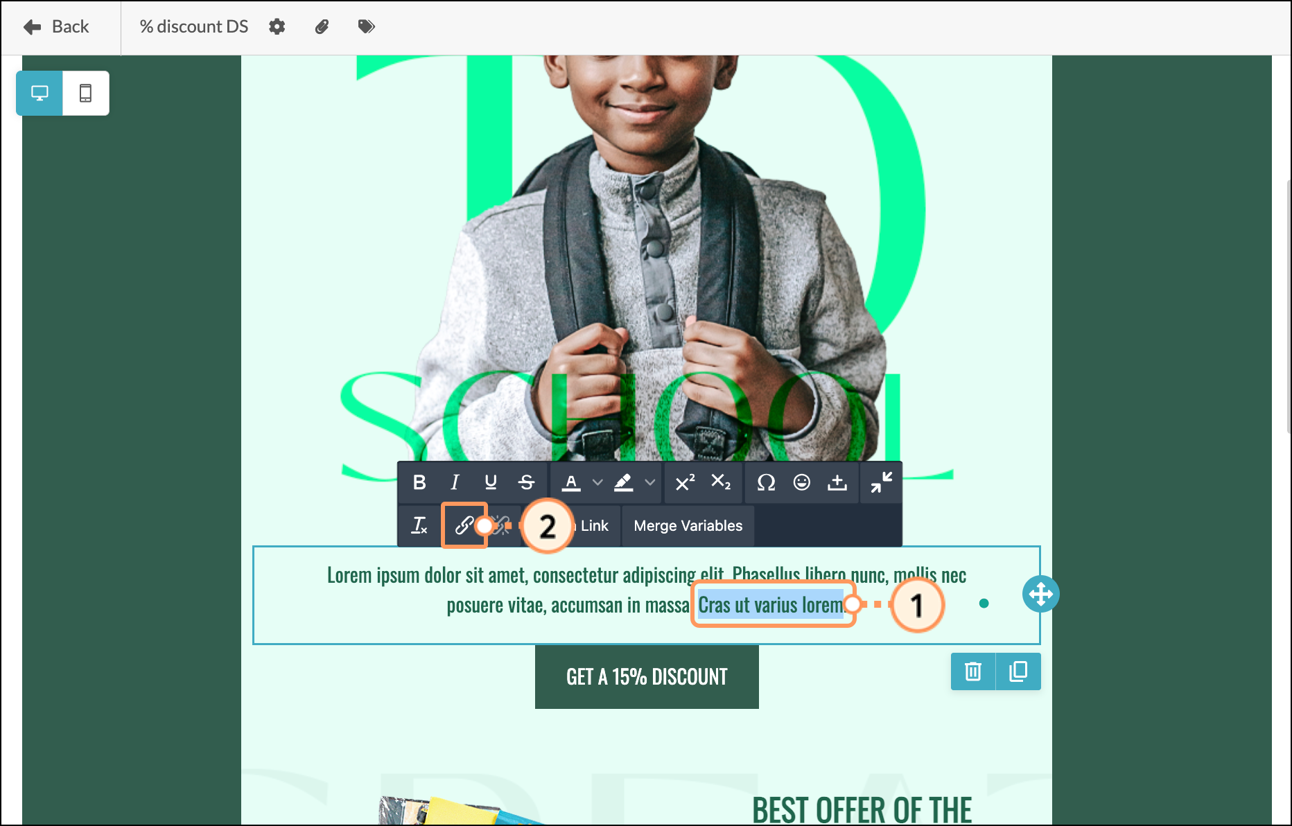 Link button in email editing toolbar
