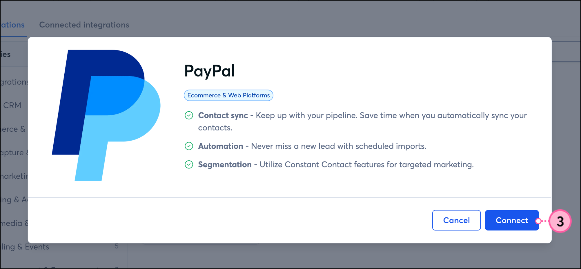 Connect button on PayPal integration overview pop-up