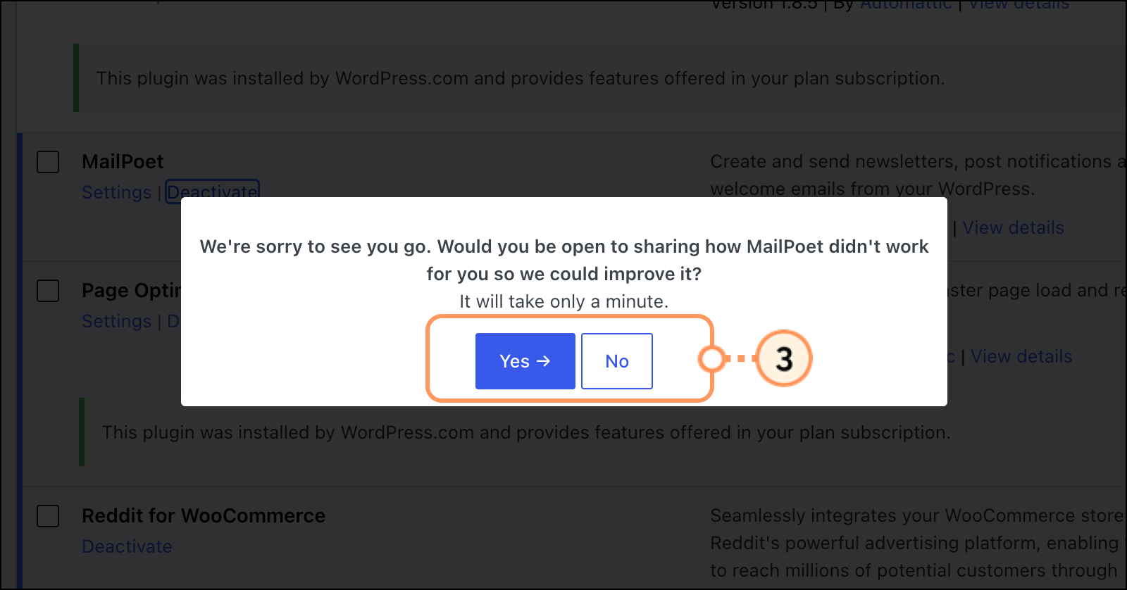 Feedback request prompt pop-up with Yes or No buttons