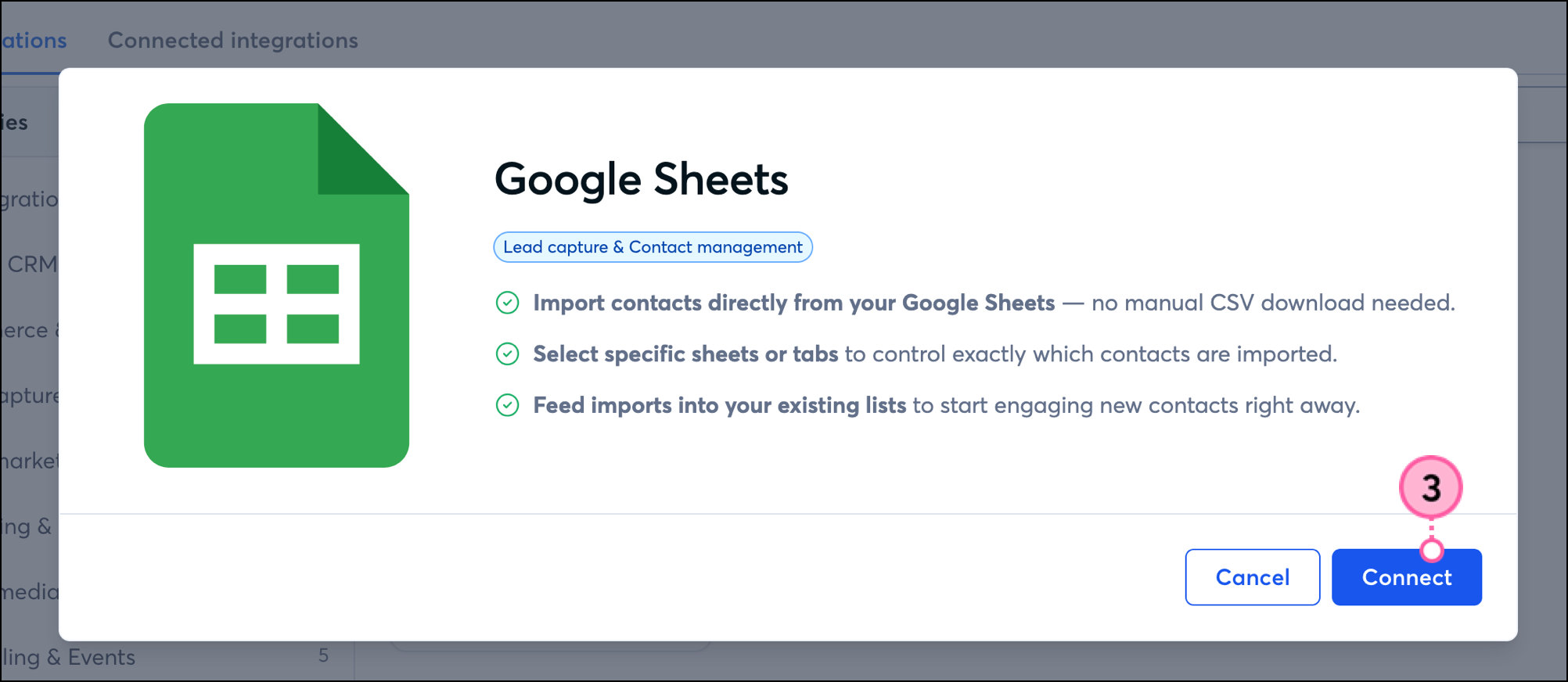 Google Sheets integration pop-up with Connect button
