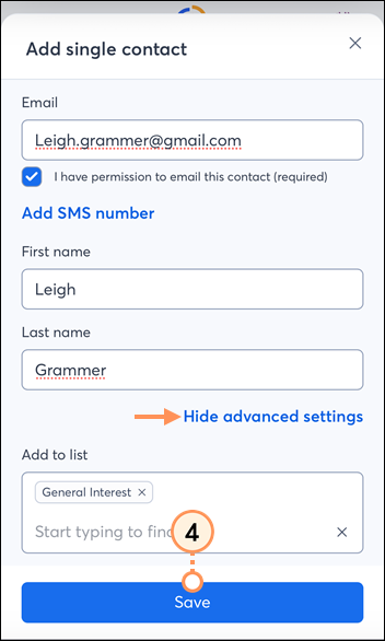 Mobile web Add single contact page with Email field, permission option, Add SMS number option, First name field, Last name field, Advanced settings option expanded with list selected, and Save button