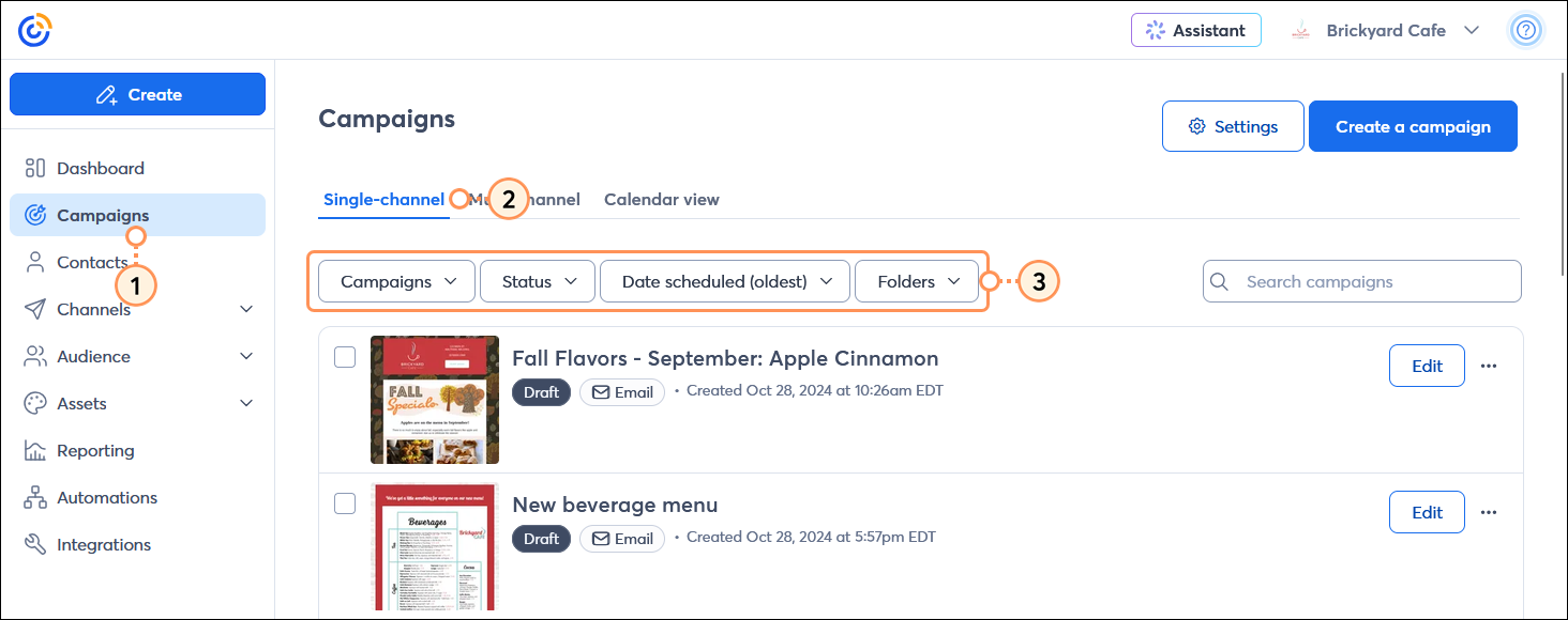 Left-hand menu with Campaigns option selected, Campaigns page with List view tab selected, Campaigns, Status, Sort by, and Folders drop-down menus, and list of relevant campaigns