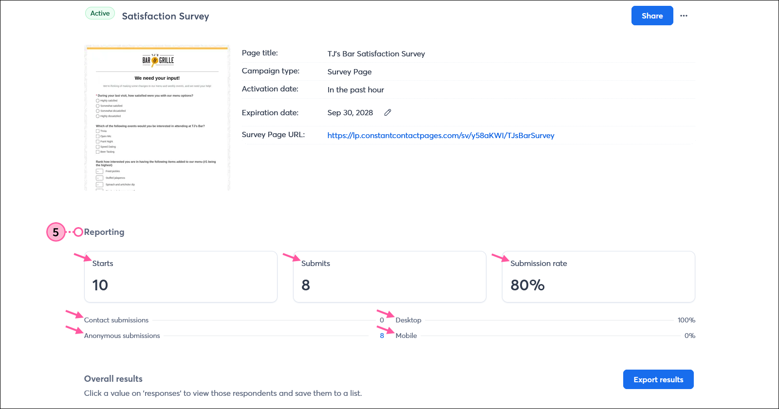 Survey Detais page with Reporting section