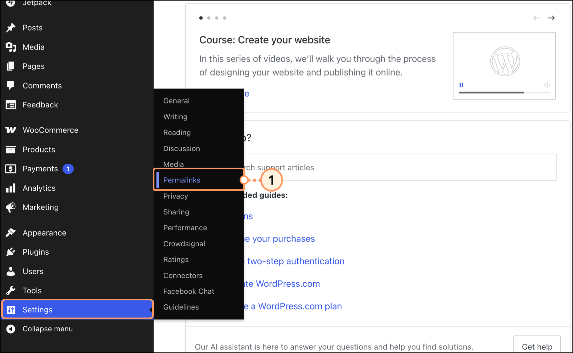 Wordpress expanded Settings menu with Permalinks selected