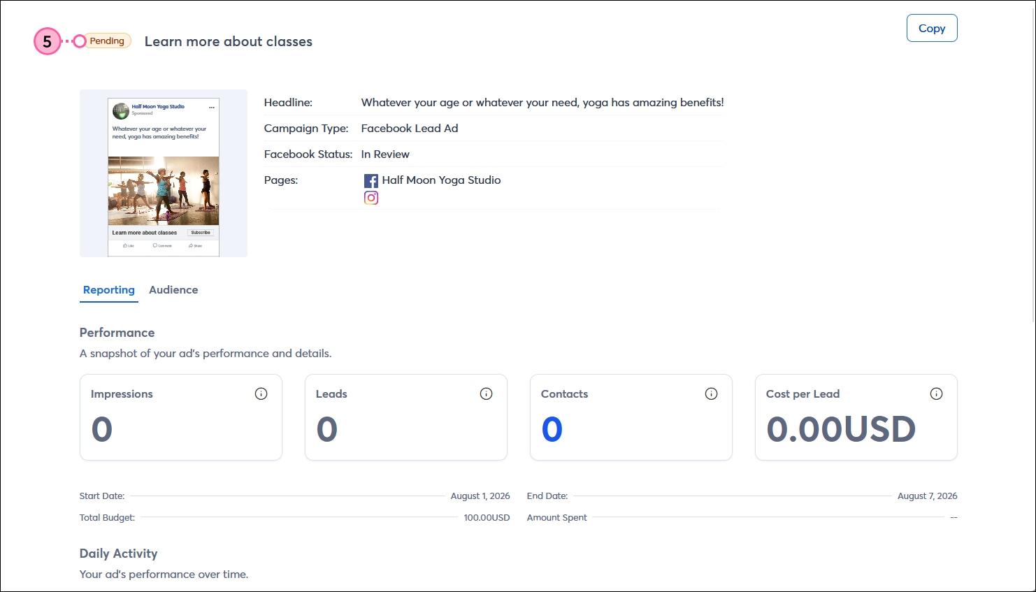 Facebook Lead Ad Details page with ad in Pending status