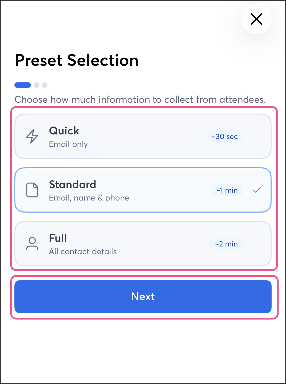 Quick, Standard, and Full button above Next button