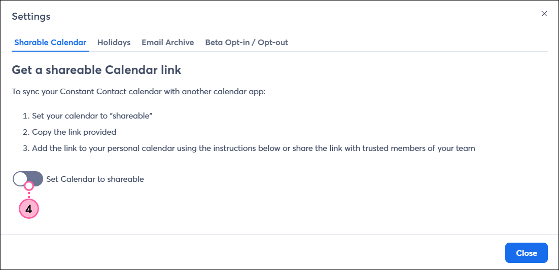 Calendar Settings overlay and Set Calendar to shareable toggle