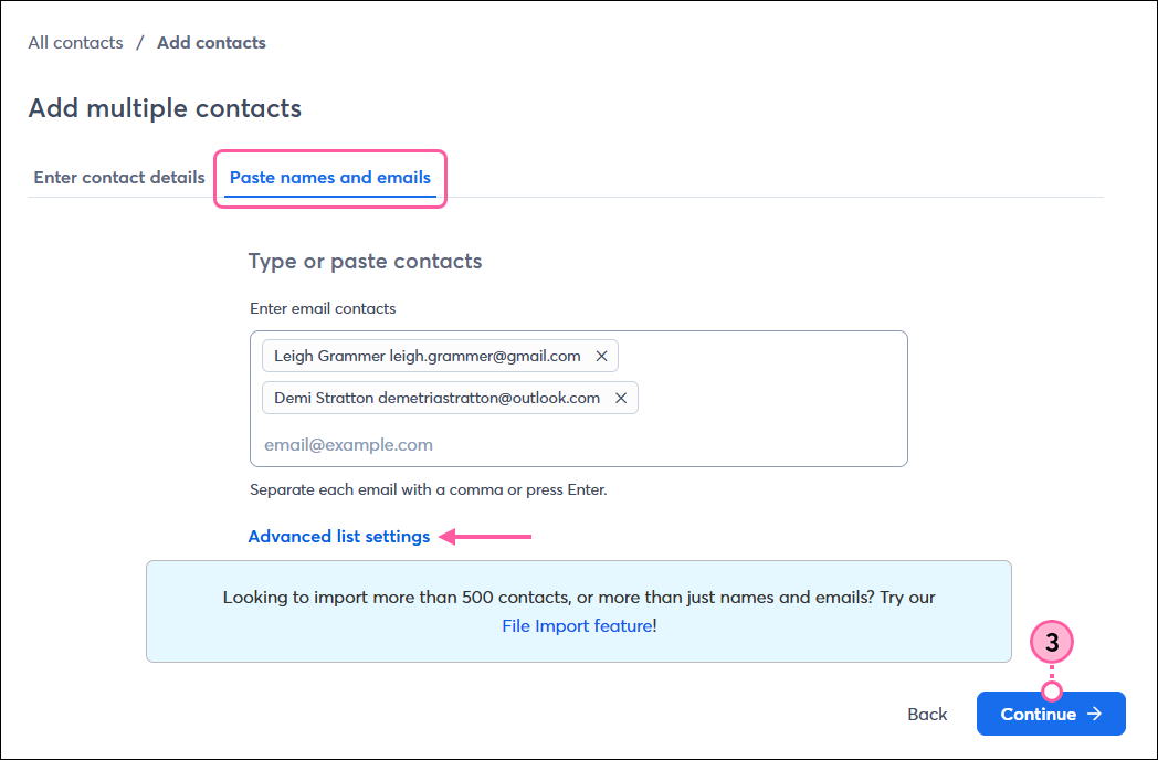 Add Multiple Contacts page, Paste Names and Emails tab, Type or Paste Contacts field, and Continue button