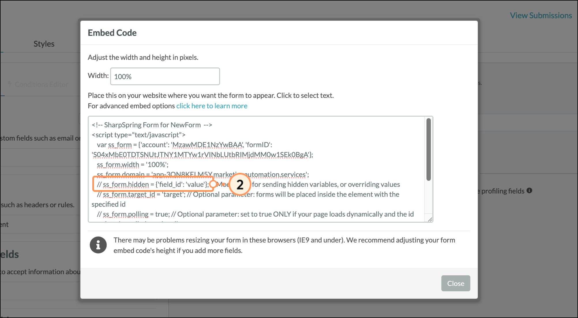 // ss_form.hidden text in code text box in the popup window