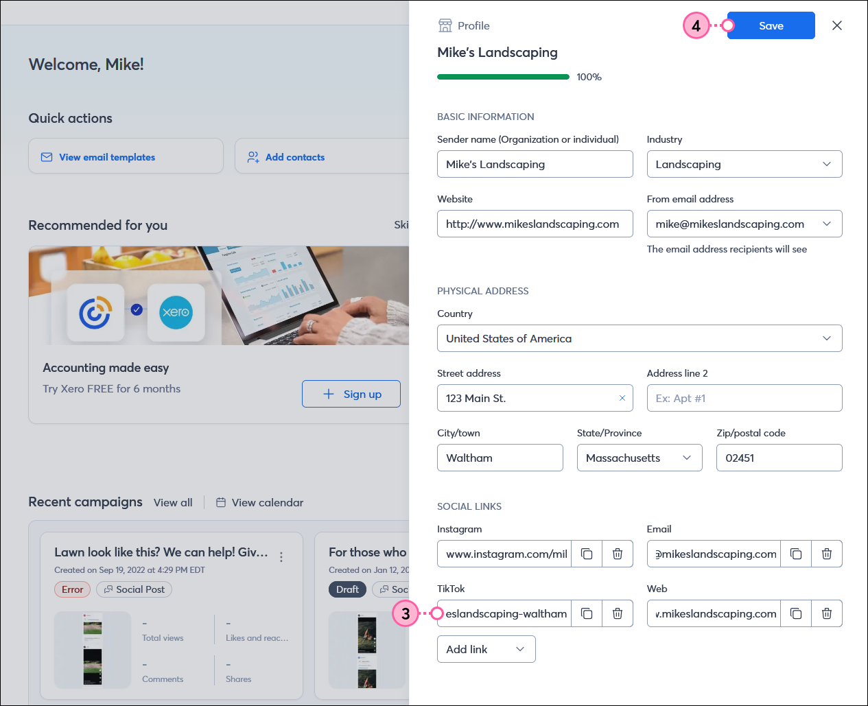 Dashboard page with Profile panel expanded, SOCIAL LINKS section with URL fieldsm and Save button
