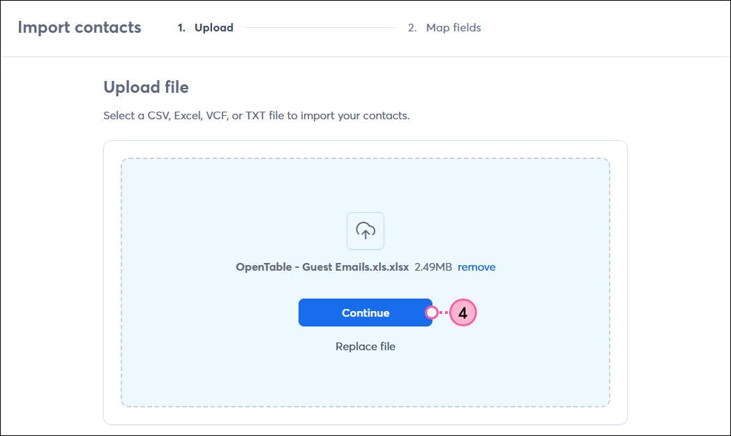 Upload File window with file selected and Continue button