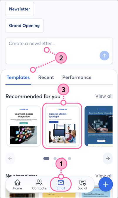 Constant Contact on mobile browser, Emails option in bottom menu, Search field and template options