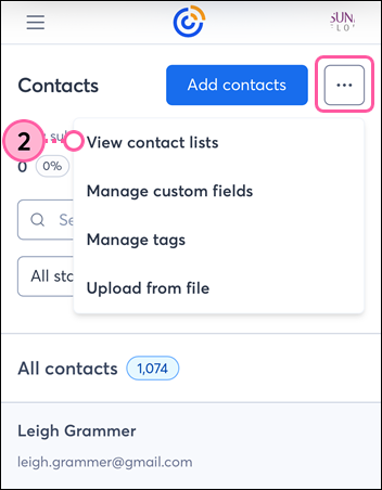 Mobile web Contacts page with more button and drop-down menu displayed, and View contact lists option selected