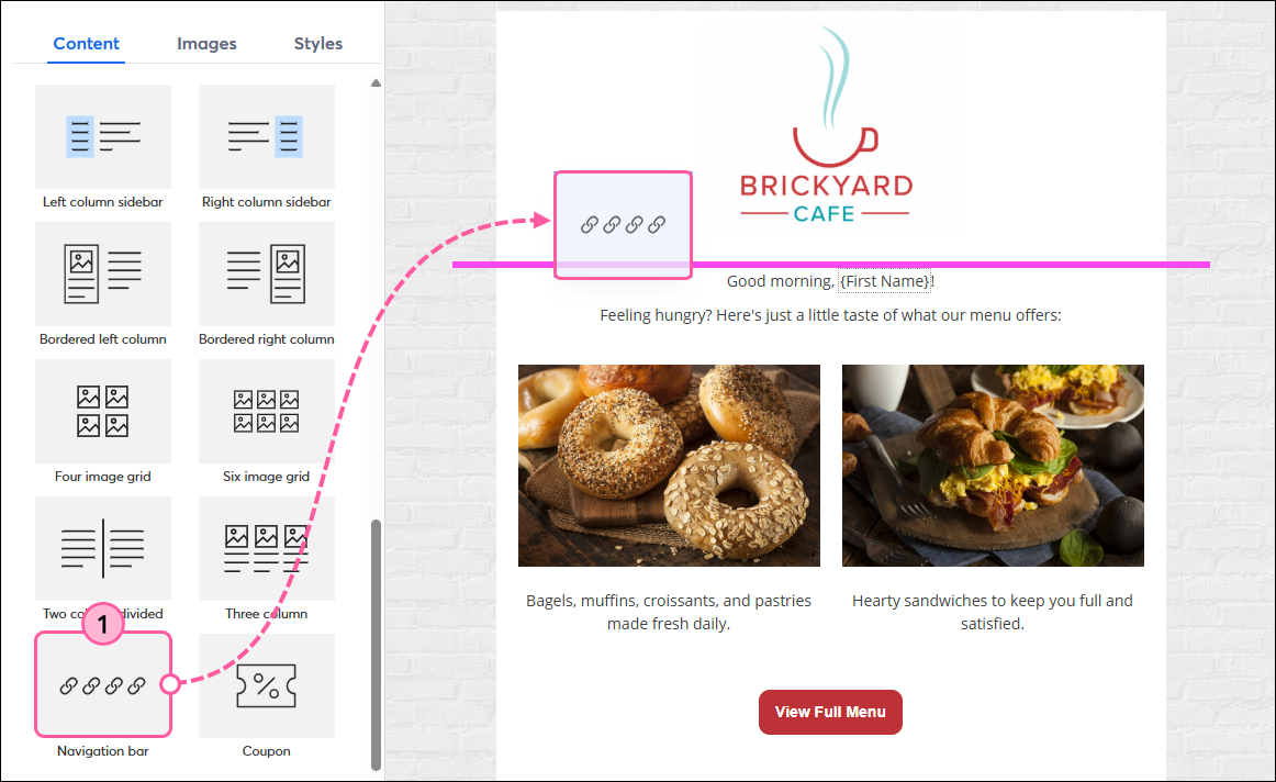 Content Tab, Drag-and-drop Navigation Bar Layout Block into Template