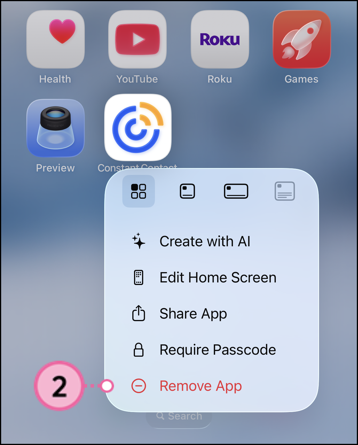 Expanded long-press Constant Contact app icon menu with Remove App option
