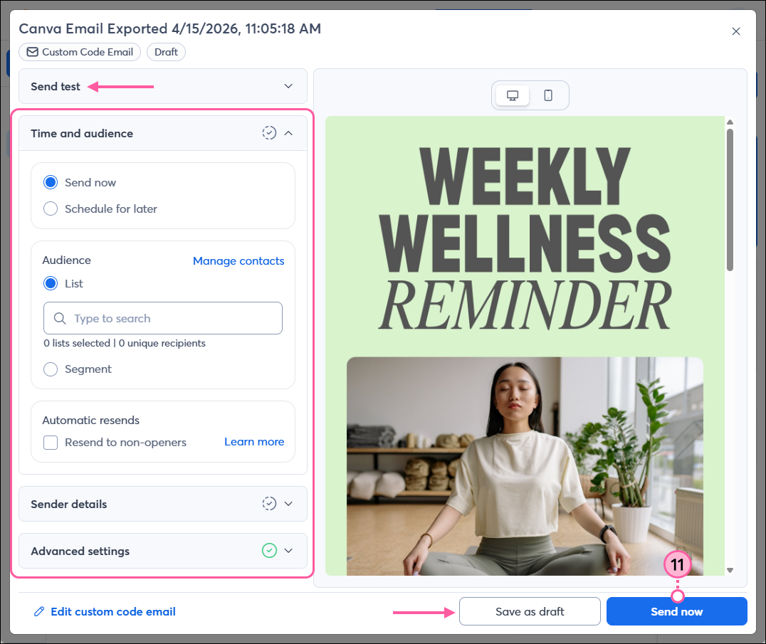 Email schedule page with Send Now button