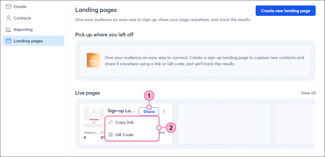 Landing Pages page, Live page, Share drop-down with Copy Link and QR Code options