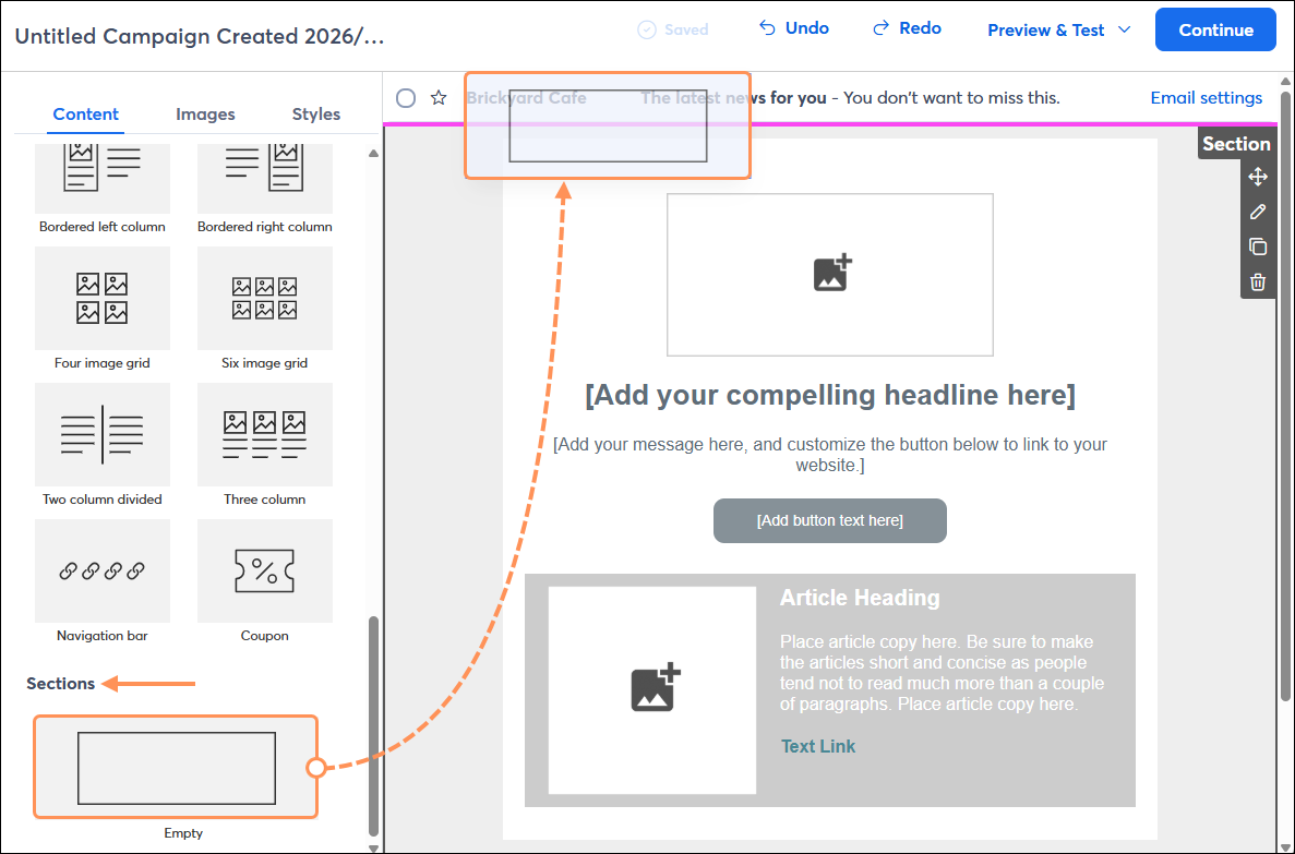 Email editor with Content tab selected and Sections section with Empty Section being dragged and dropped into the template