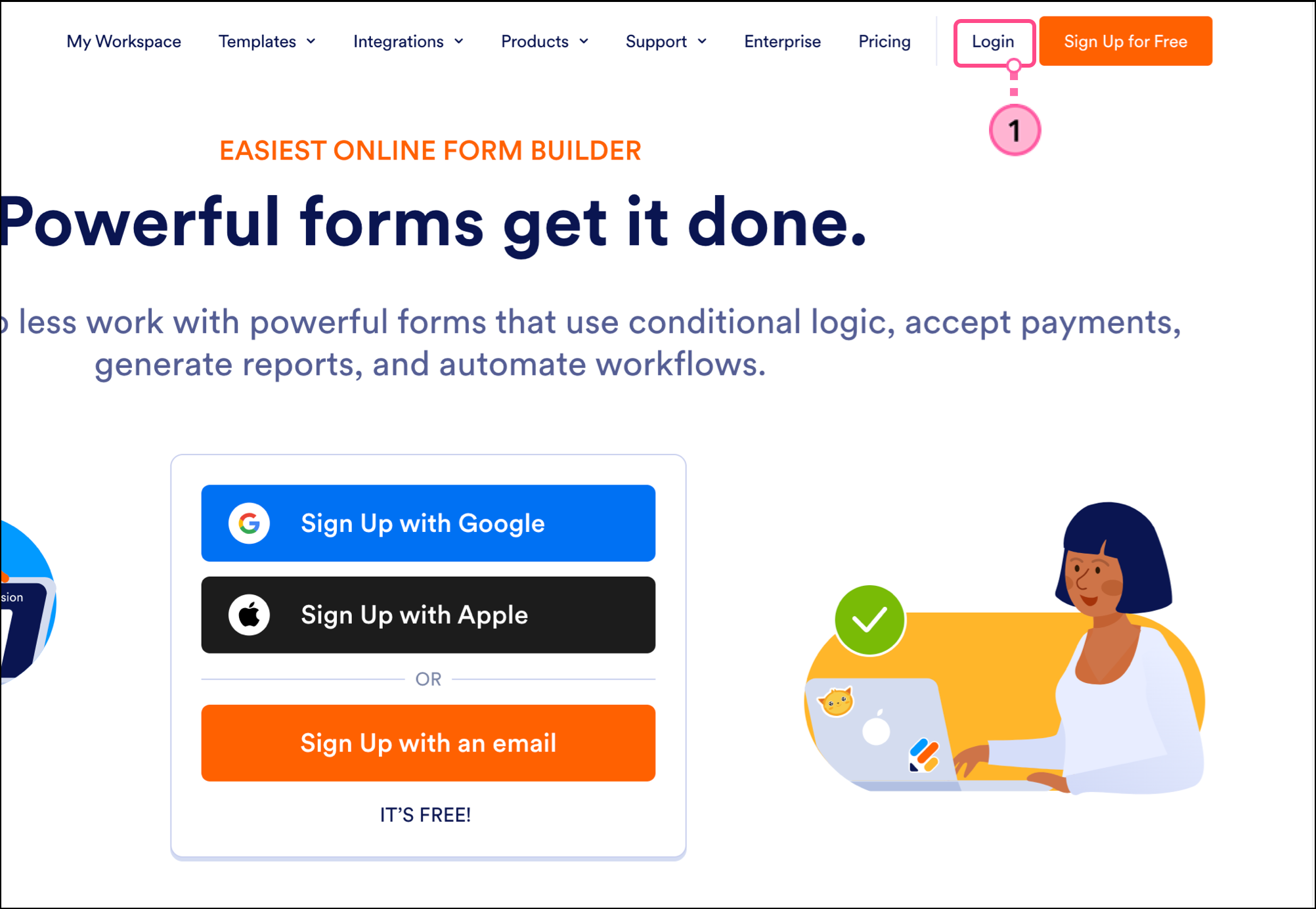 Jotform homepage Login button in the top navigation Jotform homepage Login button in the top navigation