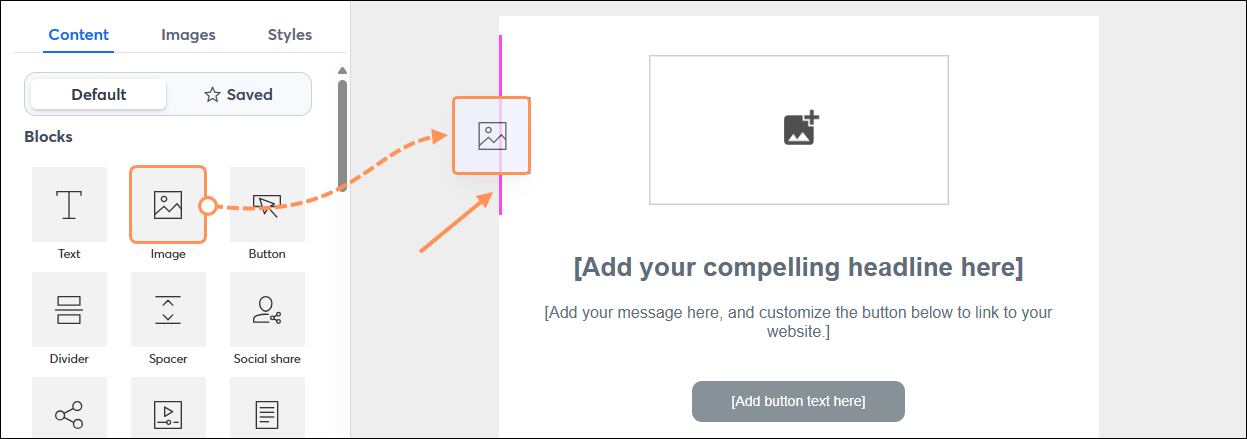 Email editor with Image block being inserted next to another Image block
