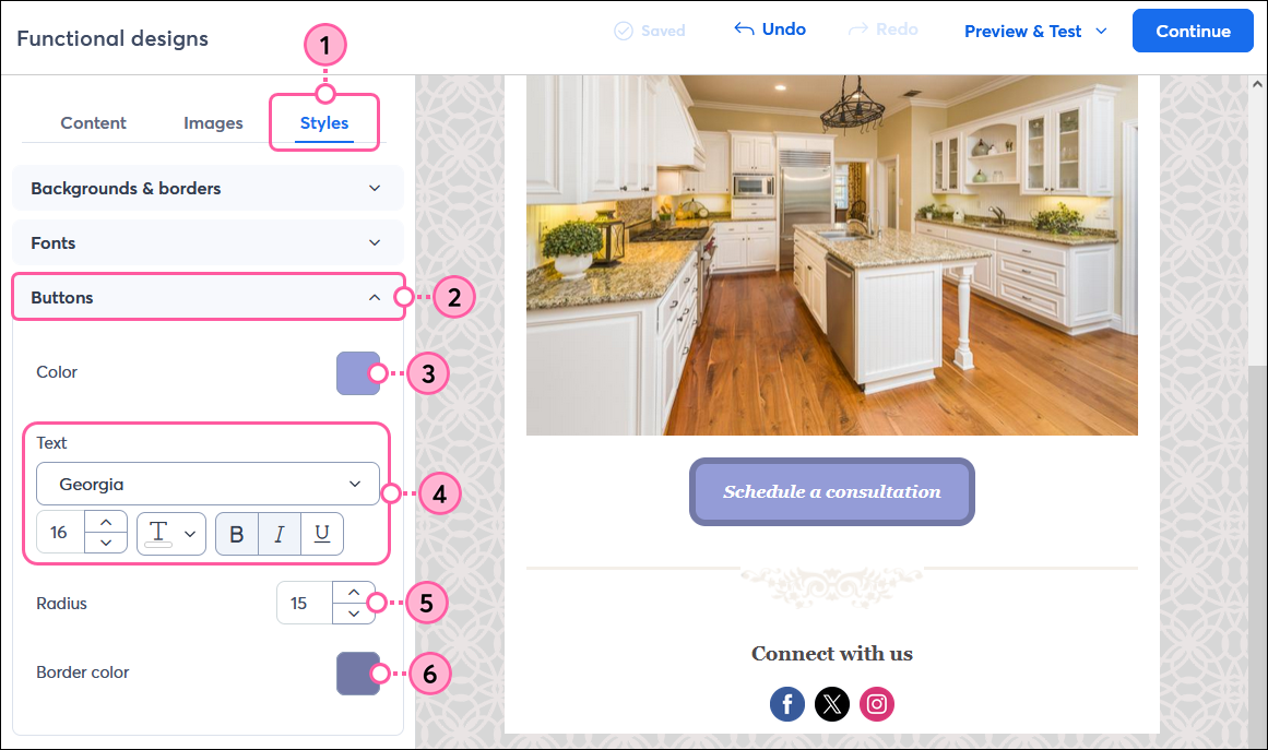 Email editor with Styles tab, Buttons section expanded, and customization options