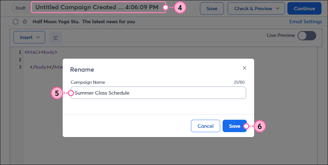 Custom Code editor with Rename overlay, Campaign Name field, and Save button
