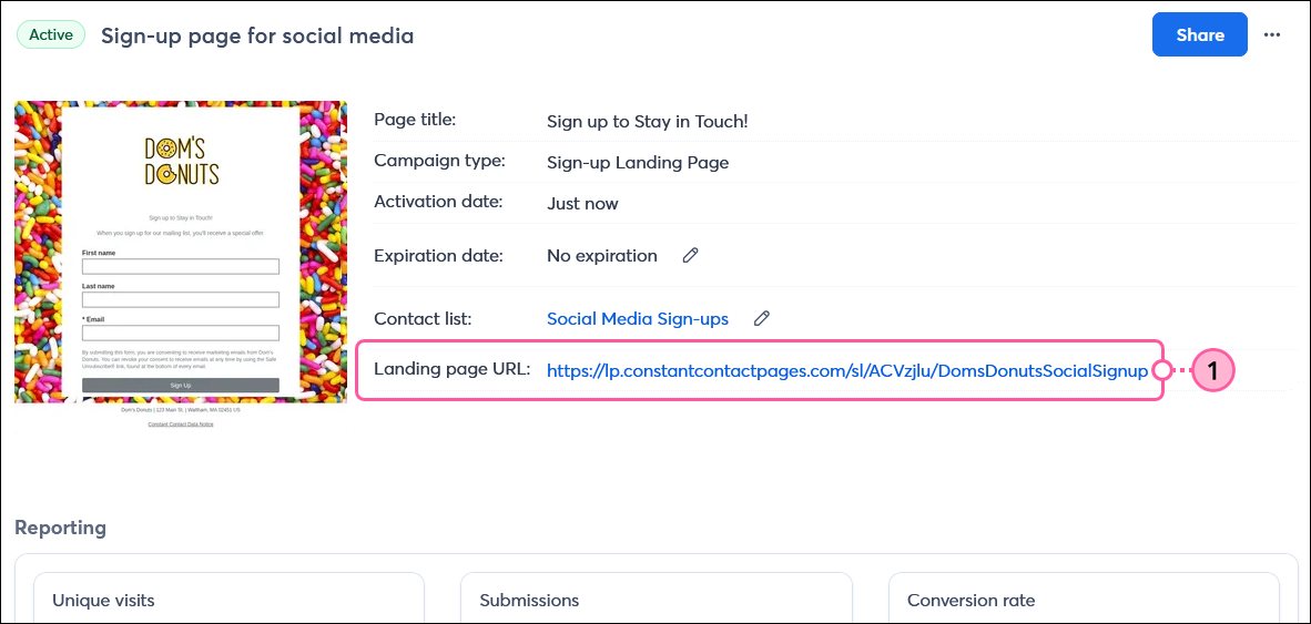 Sign-up Landing Page Details page with Landing page URL